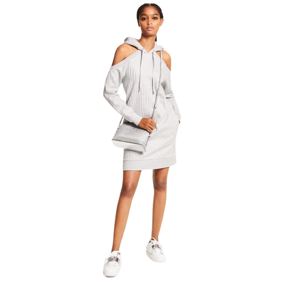 Michael Kors Crystal Pinstripe Organic Cotton Blend Cutout Hoodie‎ Dress